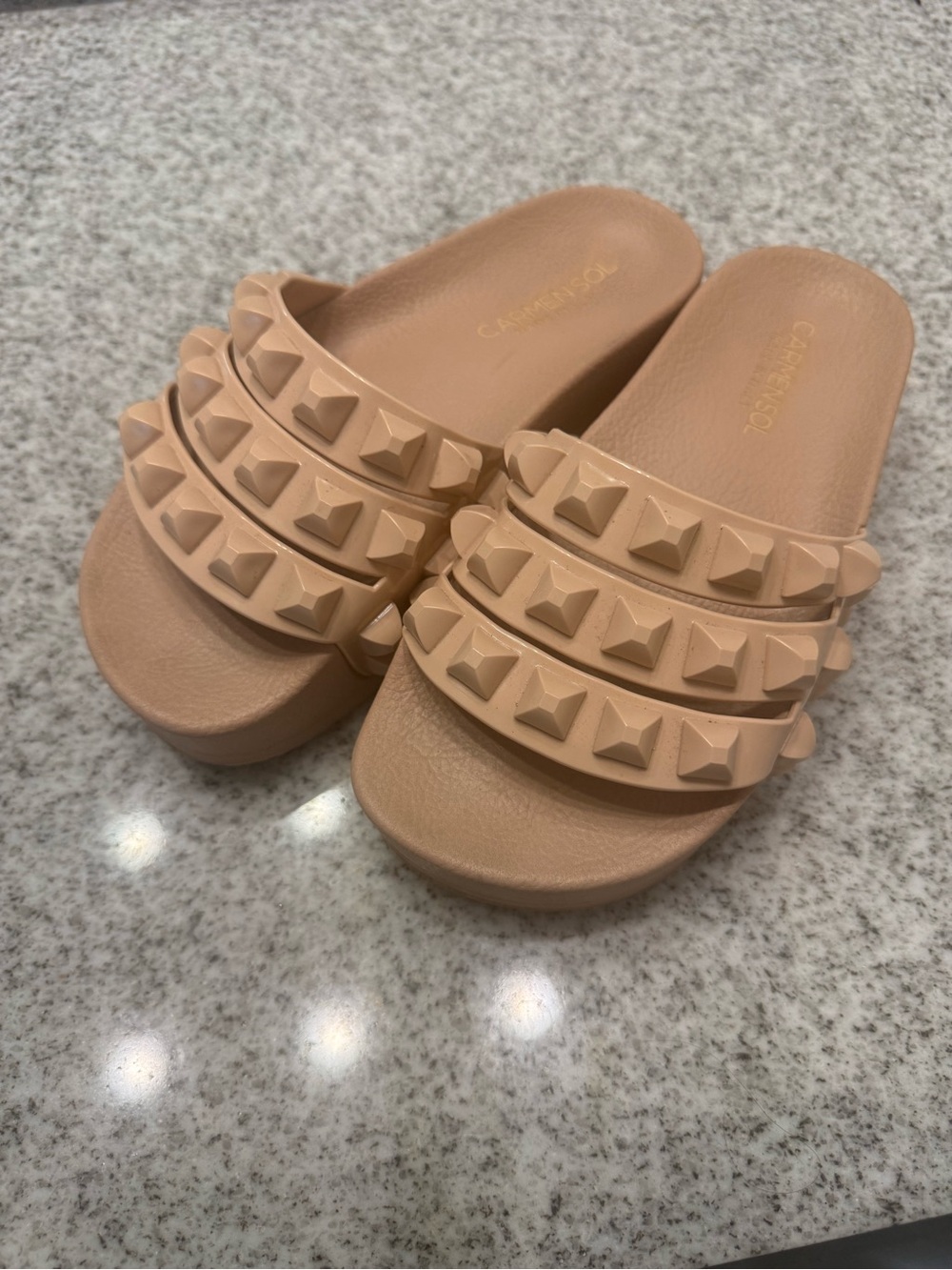 Carmen Sol - Studded Slide Sandals in Nude -